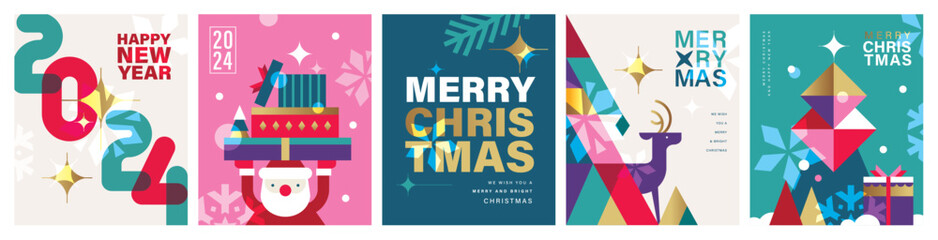 Canvas Print - Set of Merry Christmas and Happy New Year 2024 vector illustration for greeting cards, posters, holiday covers in modern minimalist geometric style.