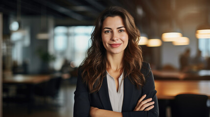 Corporate portrait woman caucasian confident businesswoman posing in office company indoors hands crossed smiling toothy successful top manager female girl employer business leader looking at camera