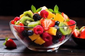 Sticker - a vibrant fruit salad in a glass bowl