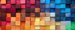 © Michal - Colored wooden cubes wall. Abstract geometric rainbow blocks. wide banner