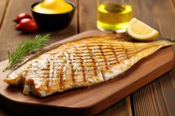 Poster - skin-side up of a fish steak on board