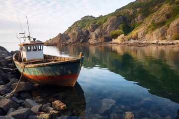 Canvas Print - empty fishing boat anchored in rocky bay