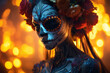  femme maquillée et déguisée pour le festival des morts au Mexique le 2 novembre avec des colliers et des roses dans les cheveux
