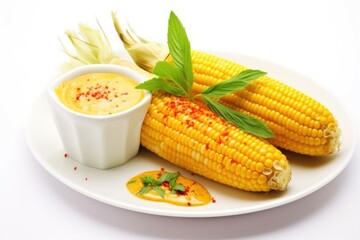 Wall Mural - grilled corn on white plate with hot mustard sauce