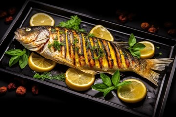 Sticker - top view of grilled sea bass with lemon garnish on dark platter