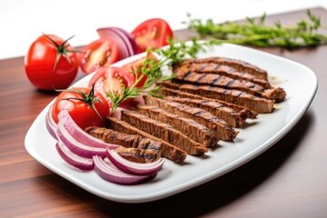 Sticker - grilled seitan steak sliced into pieces on a white plate