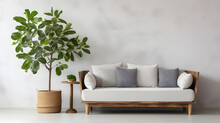 Wooden Rustic Sofa With White Cushions And Potted Tree Against Wall With Copy Space. Scandinavian Interior Design Of Modern Stylish Living Room