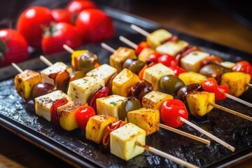 Poster - hand skewers halloumi cheese cubes for kebabs