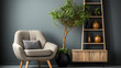 Wooden shelf unit and gray armchair. Scandinavian style interior design of modern living room