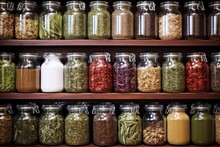 A Shelf Full Of Various Dried Herbs In Glass Jars