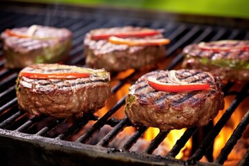 Sticker - fresh burger patties sizzling on a hot grill