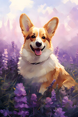 Wall Mural - Welsh Corgi in a lavender field