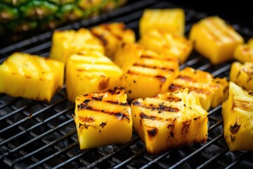Wall Mural - roasting pineapple chunks in grill basket on bbq