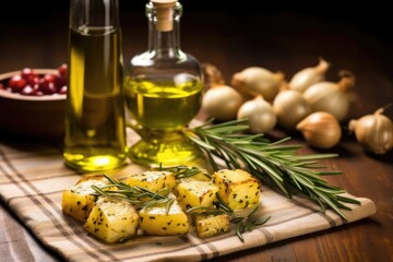 Sticker - skewers of grilled potatoes with rosemary, olive oil bottle nearby