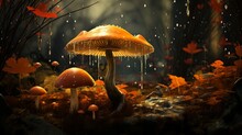 Timberland Mushrooms With A Fallen Leaf Beneath The Rain. Imaginative Nature Photography, Harvest Time Still Life With Duplicate Space