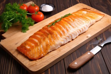 Sticker - grilled smoked haddock fillet on a wooden board