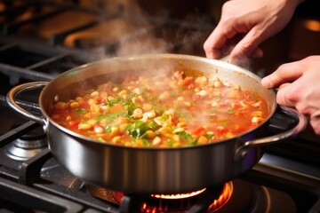 Canvas Print - hand adjusting pots heat with a making minestrone