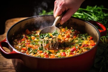 Wall Mural - hand stirring freshly cooked minestrone soup with a ladle