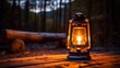 A camping lantern casting a warm glow at night