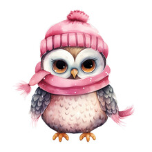 Watercolor Winter Cute Pink Owl Clipart