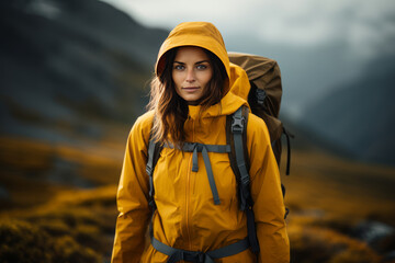 Portrait of a beautiful young woman in yellow jacket with a backpack against the backdrop of picturesque mountains. Female tourist is engaged in hiking. Active lifestyle, travel and trekking concept.