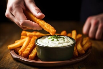 Poster - hand holding a bowl of dip with a mozzarella stick