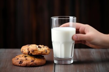 Poster - hand holding a muffin near a glass of milk