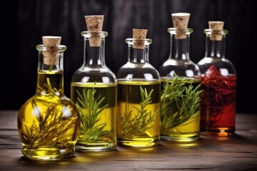 Wall Mural - aroma oils in glass bottles on a dark surface