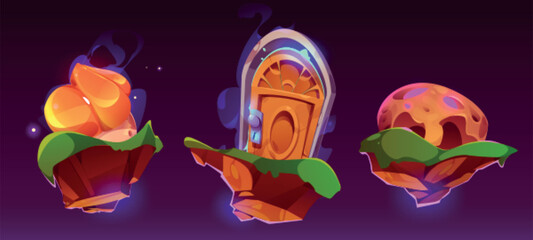 Wall Mural - door on floating fantasy game rock island cartoon ui set. flying magic land scene with teleport plat