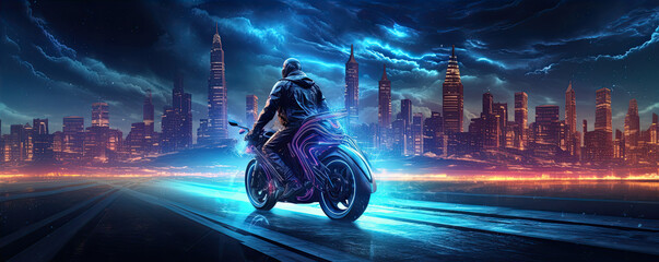 Wall Mural - Riding on a night city, futuristic drive concept.