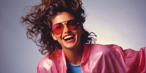 Wall Mural - studio portrait of happy woman, 1980s fashion