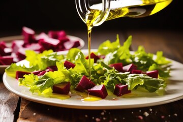 Sticker - drizzling olive oil over beet salad