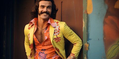 Wall Mural - studio portrait of happy man, 1970s fashion