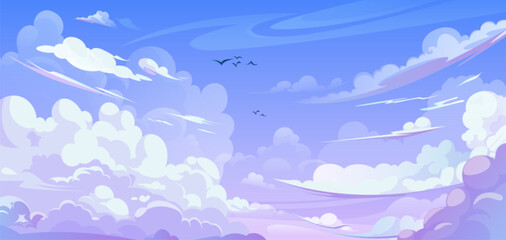 Wall Mural - anime style sky background with clouds. vector cartoon illustration of beautiful heavenly cloudscape