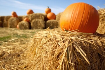 Poster - orange pumpkins on a haystack in a farm