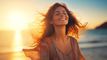 Poster - happy free woman enjoying sunset