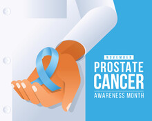 Prostate Cancer Awareness Month - Closeup Doctor Hand Hold Blue Ribbon Awareness On Blue Background Vector Design