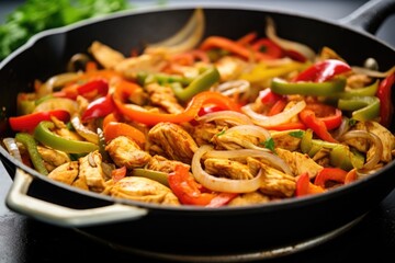 Poster - stirring onions and peppers in skillet with chicken fajita