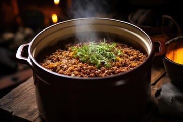 Poster - quinoa cooked in a rustic pot on a stove