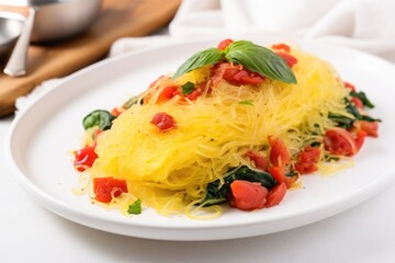 Wall Mural - spaghetti squash salad with vegetables on a white plate