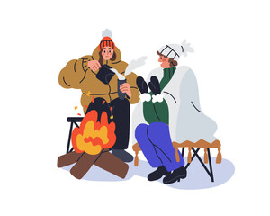 Canvas Print - Women friends warming with hot drink and fire in cold weather. Happy girls sitting at campfire, bonfire with tea mugs, relaxing in winter. Flat graphic vector illustration isolated on white background