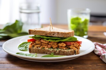 Wall Mural - tempeh sandwich with lettuce and tomato on a glass dish