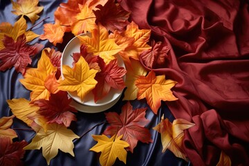 Canvas Print - maple leaves scattered over a thanksgiving tablecloth