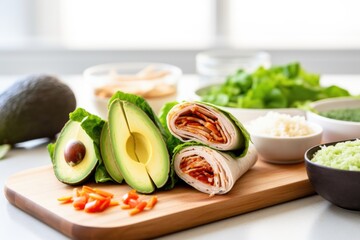 Poster - turkey and avocado wrap placed next to its ingredients