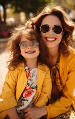 Happy vogue fashion mother with daughter in bright solid light color clothes in the park