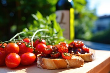 Sticker - glossy, red cherry tomatoes on vine beside built bruschetta