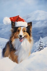 Wall Mural - Shetland Sheepdog with santa hat in the snowy mountains