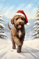 Wall Mural - Lagotto Romagnolo with santa hat in the snowy mountains