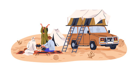 Canvas Print - Tourists camping in sand desert. Campers on picnic with arab bedouin. People travel with tent on SUV car. Campsite in journey, expedition. Flat vector illustration isolated on white background