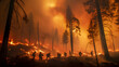 Firefighters battling a raging wildfire in a remote forest fighting the consequences of climate change and heat